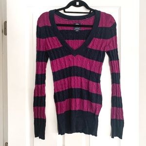 American Eagle Striped V-Neck Purple/Navy Sweater